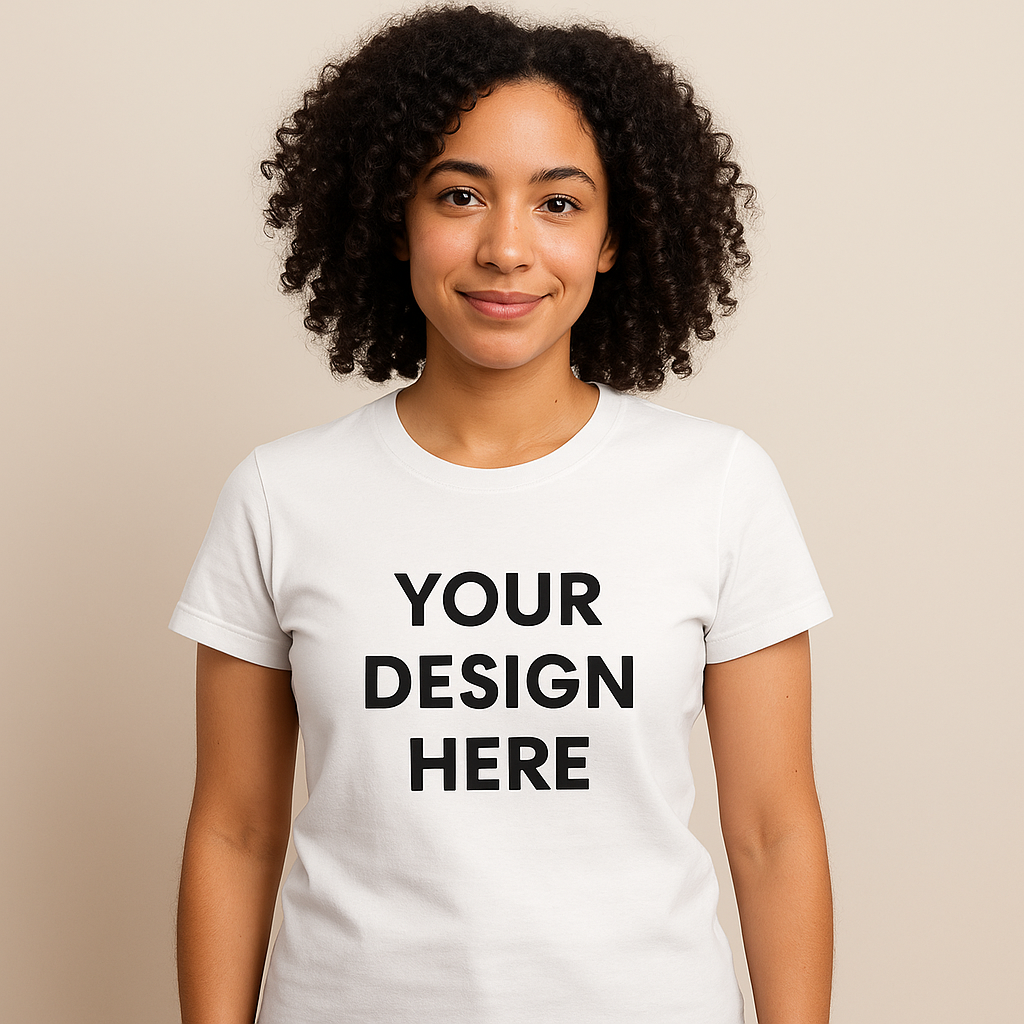 Latina in white t-shirt that says your design here