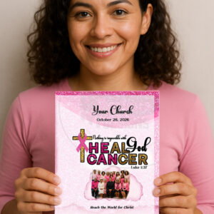 Latina woman holding a pink “He Can Heal” church bulletin for Breast Cancer Awareness Sunday, designed by Boricua Designs — faith-based printable program.