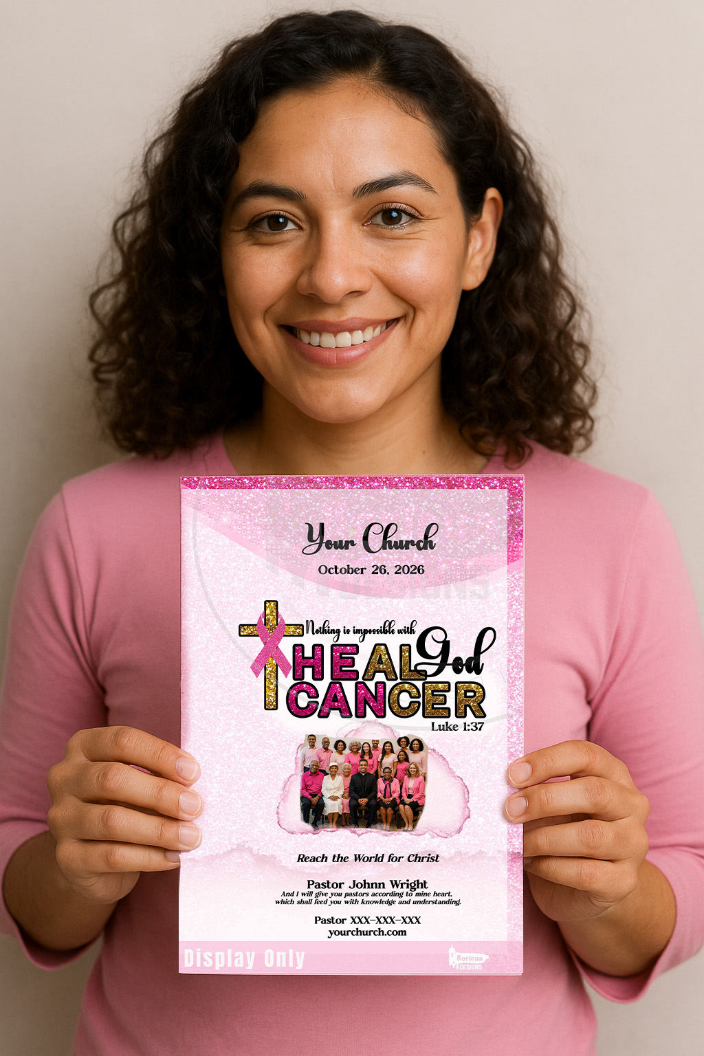 Latina woman holding a pink “He Can Heal” church bulletin for Breast Cancer Awareness Sunday, designed by Boricua Designs — faith-based printable program.