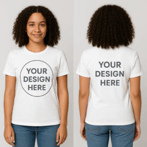 Latina in white t-shirt that says your design here on front and back of shirt