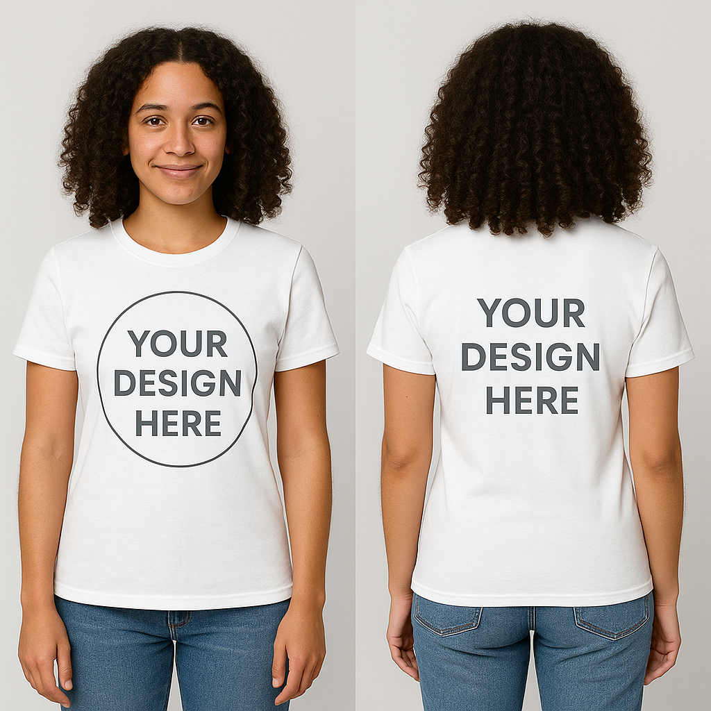 Latina in white t-shirt that says your design here on front and back of shirt