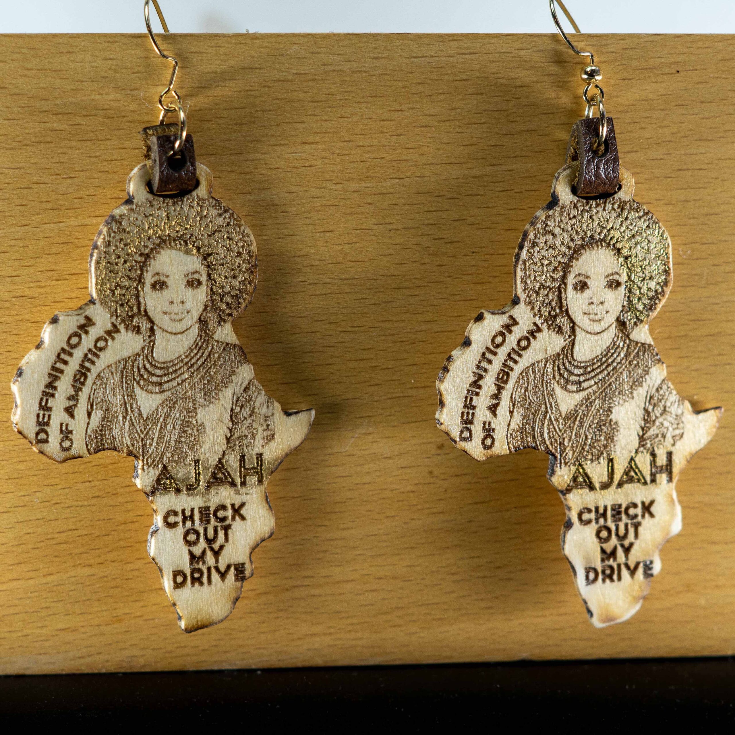 African Queen Wood Earrings, Gold Accent